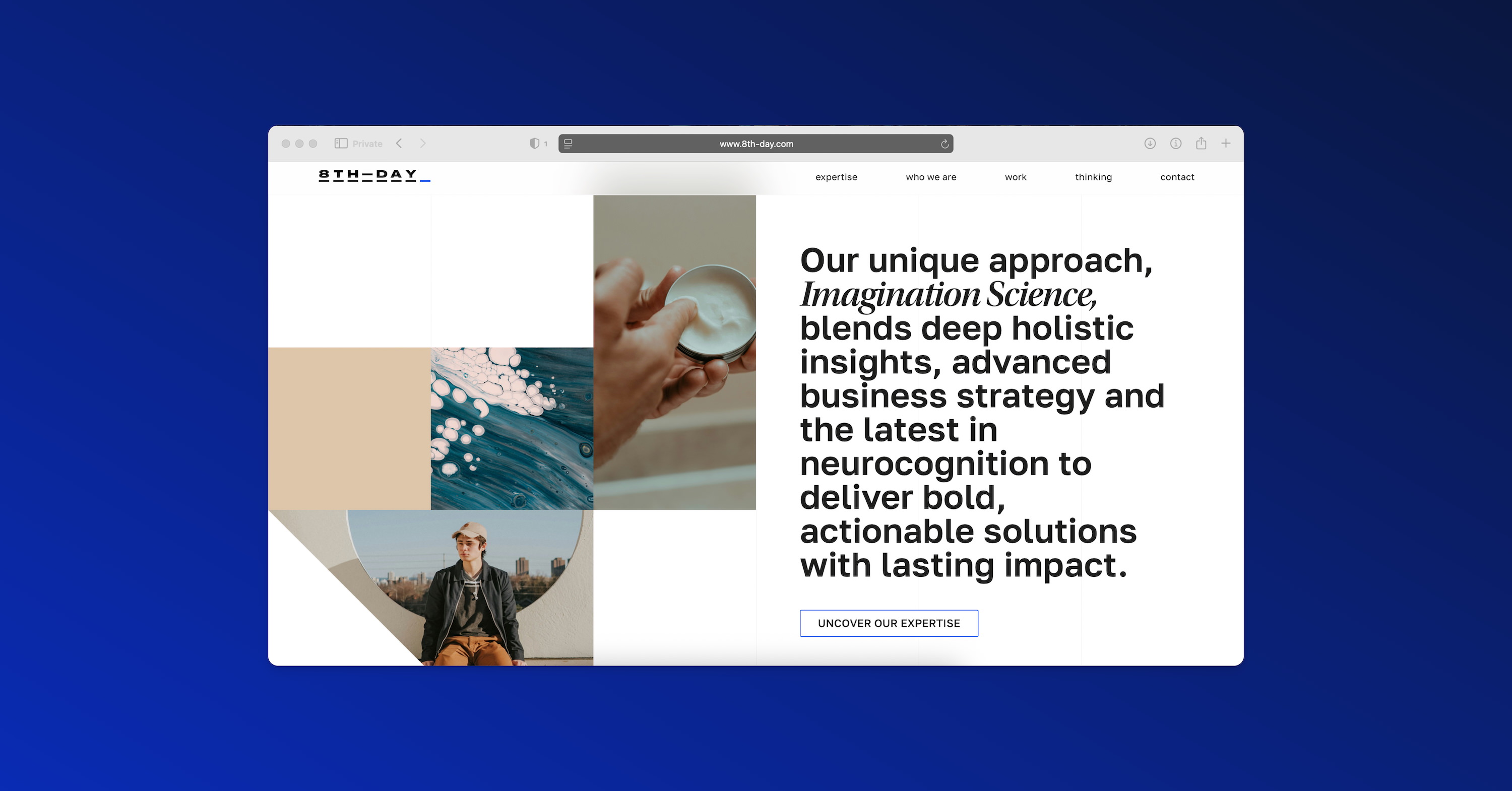 Render of 8TH DAY website design. Features a brand-centred composition and text content