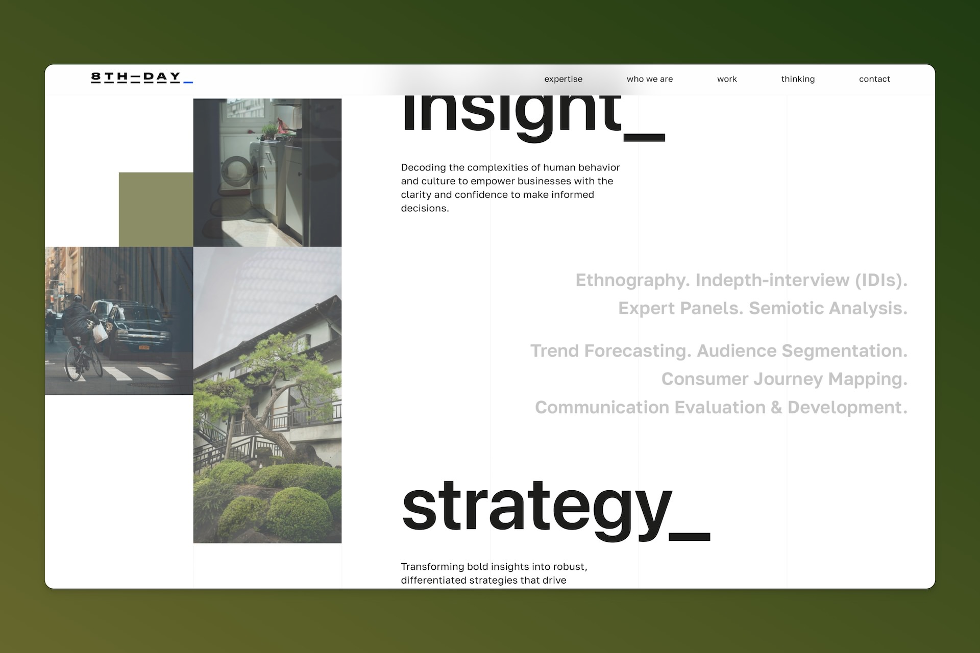 Render of 8TH DAY website detailing their areas of work