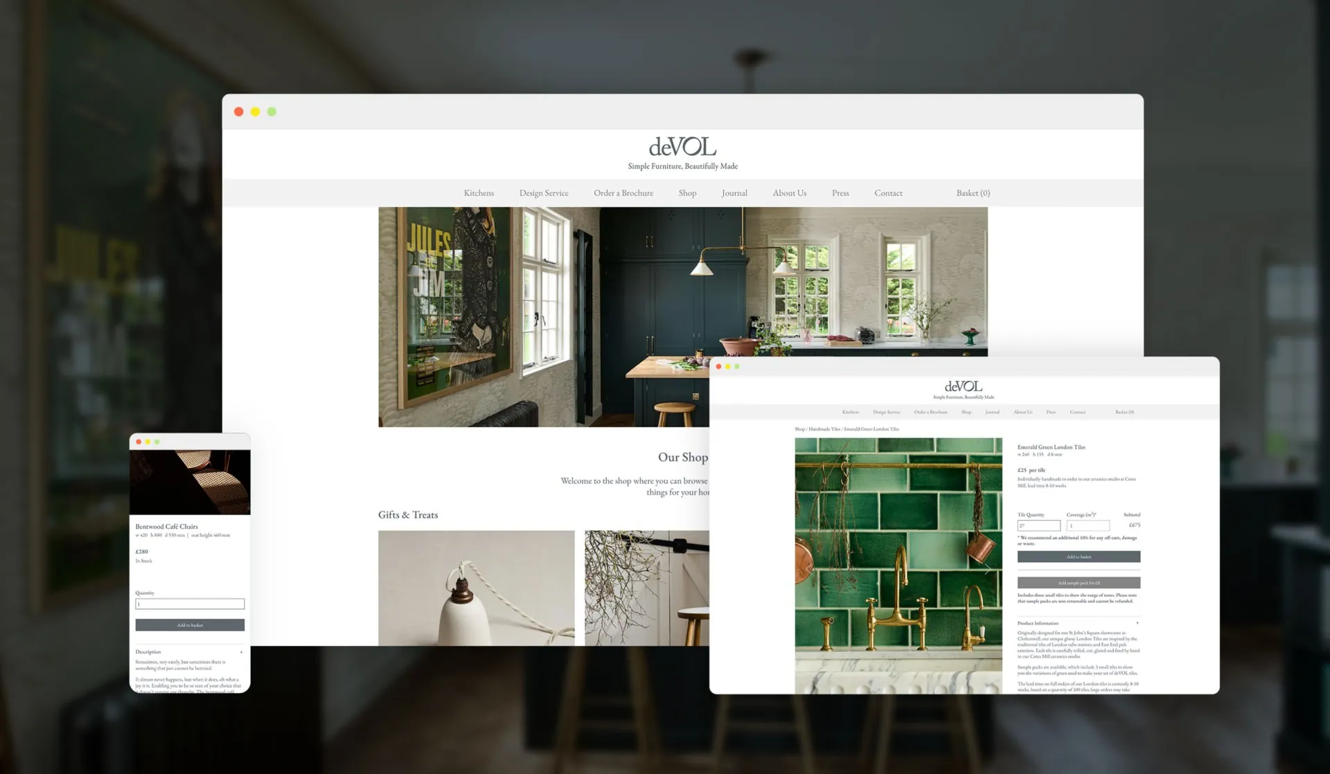 deVOL Kitchens website showing shop listings, tile calculator and product page