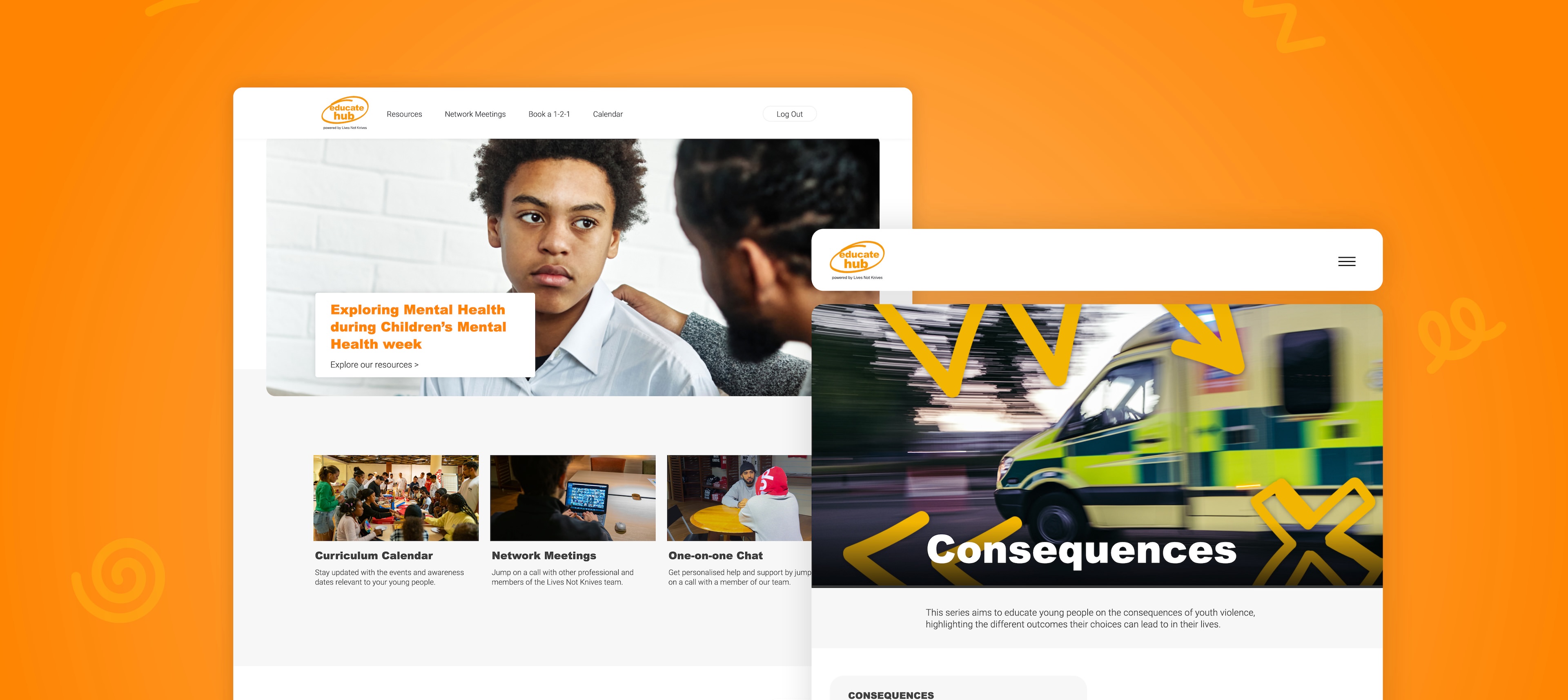 Render of the Educate Hub Portal home page and a series focused on 'Consequences'