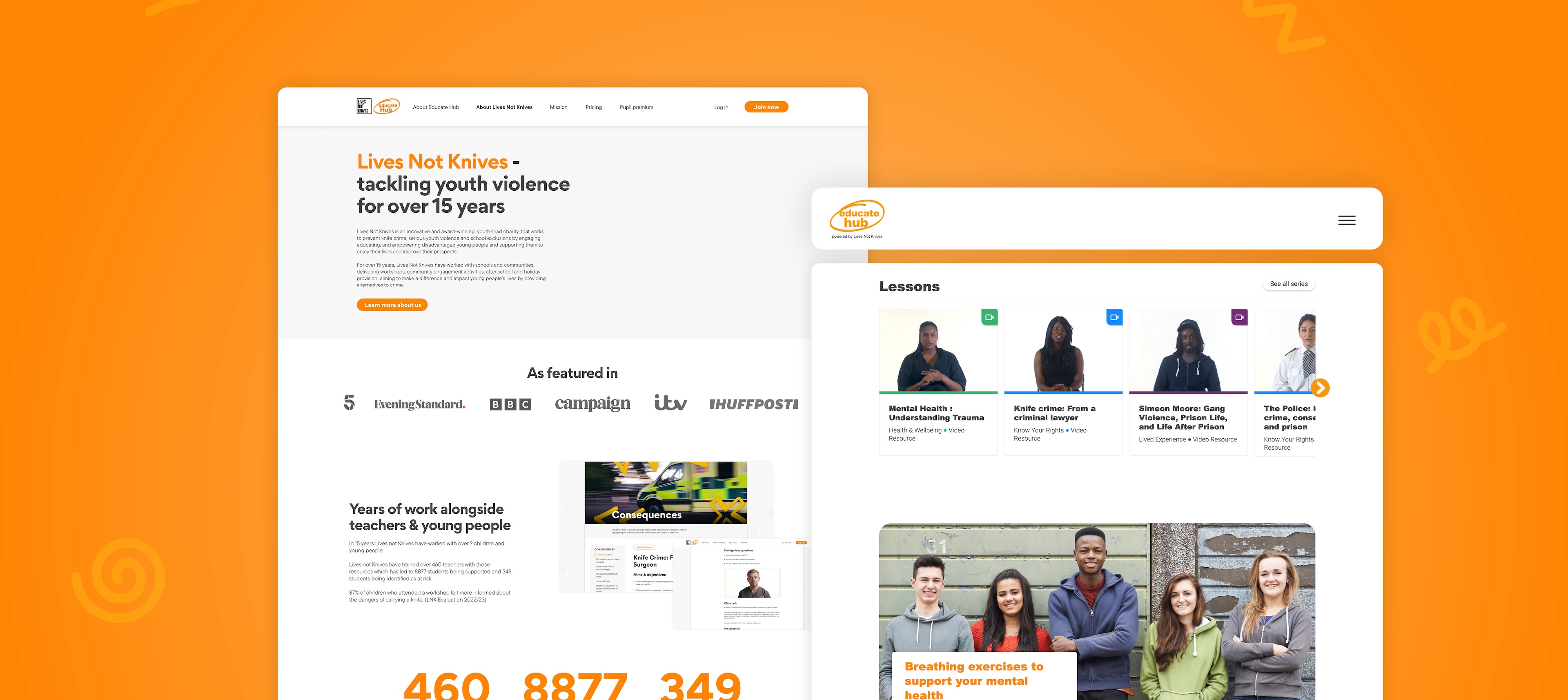 Render of the Educate Hub website featuring an about page on the charity and a view of the homepage