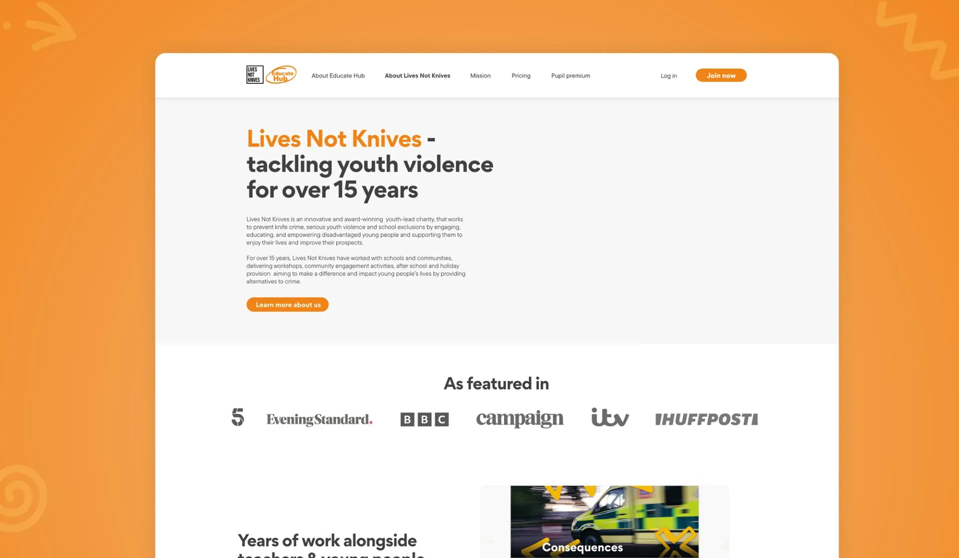 Render of landing page for Lives Not Knives Educate Hub