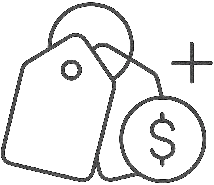 Icon of a price tag with a dollar coin and plus symbol beside it 