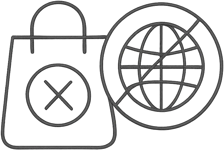 Icon of basket and globe with a crossed out symbol overlaid
