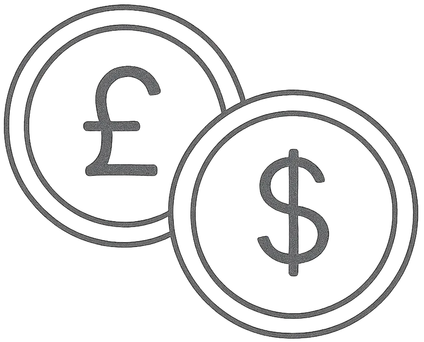 Icon of two coins one representing pounds and the other dollars