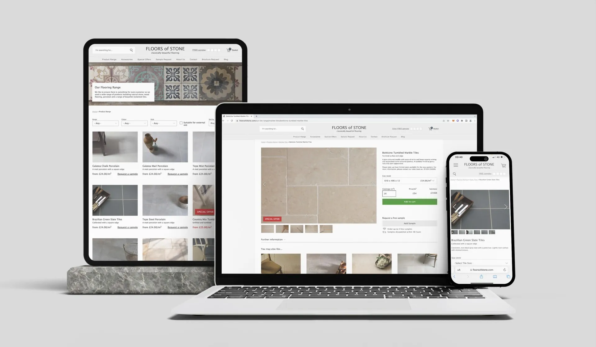 Floors of Stone Drupal development shown on mobile, tablet and desktop