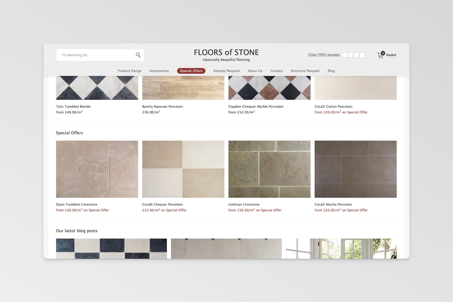 Floors of Stone homepage featuring special offers