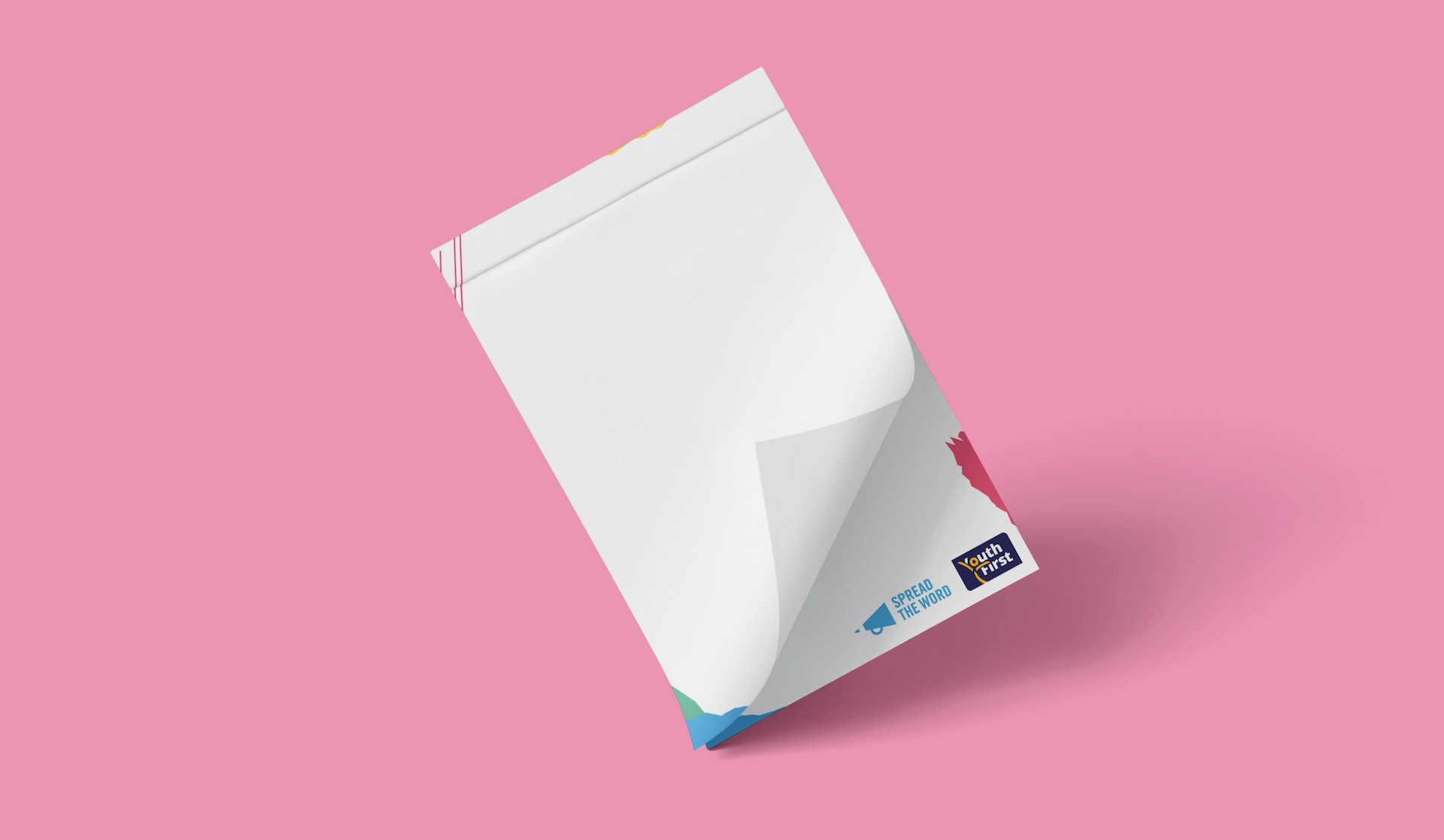 Render of a designed notepad featuring brand assets and partner logos