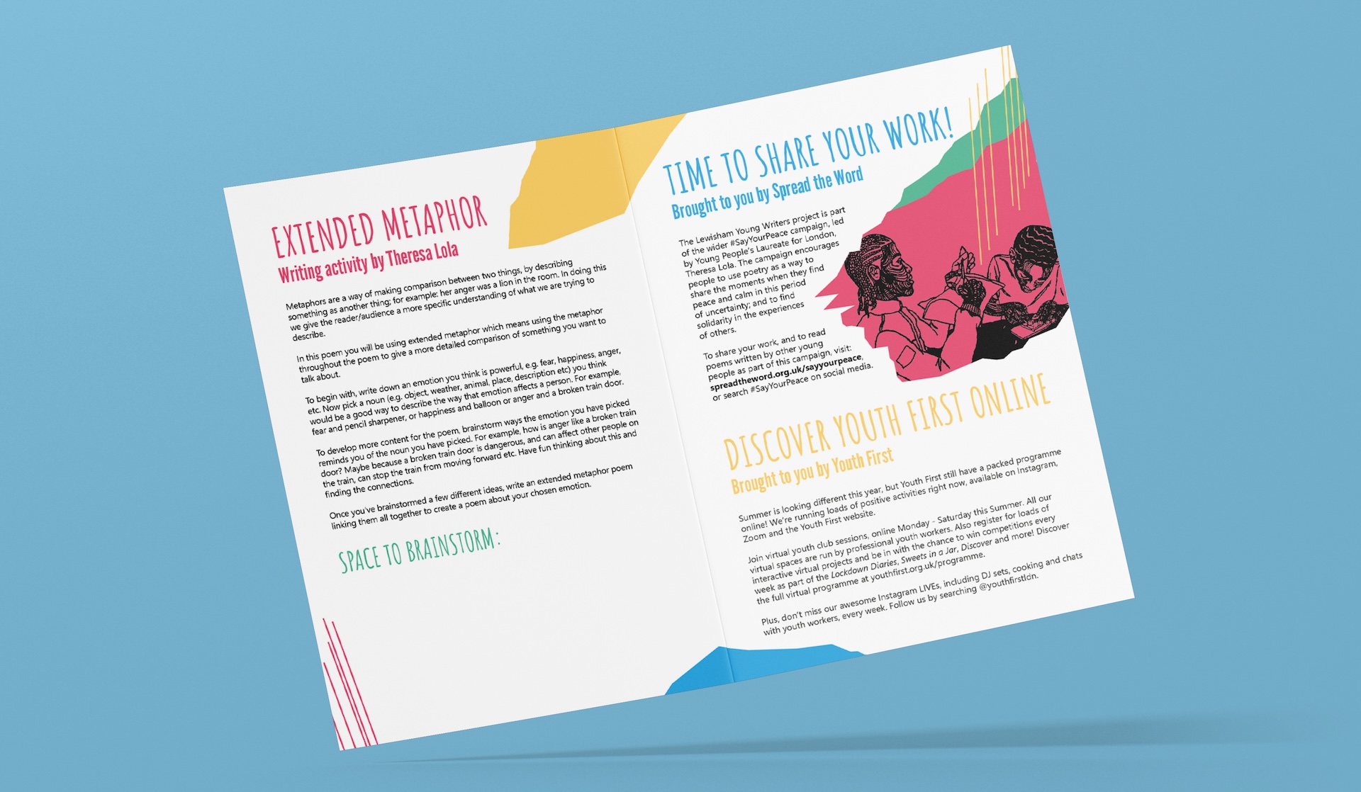 Inside spread of Lewisham Young Writers A5 booklet with a creative writing activity