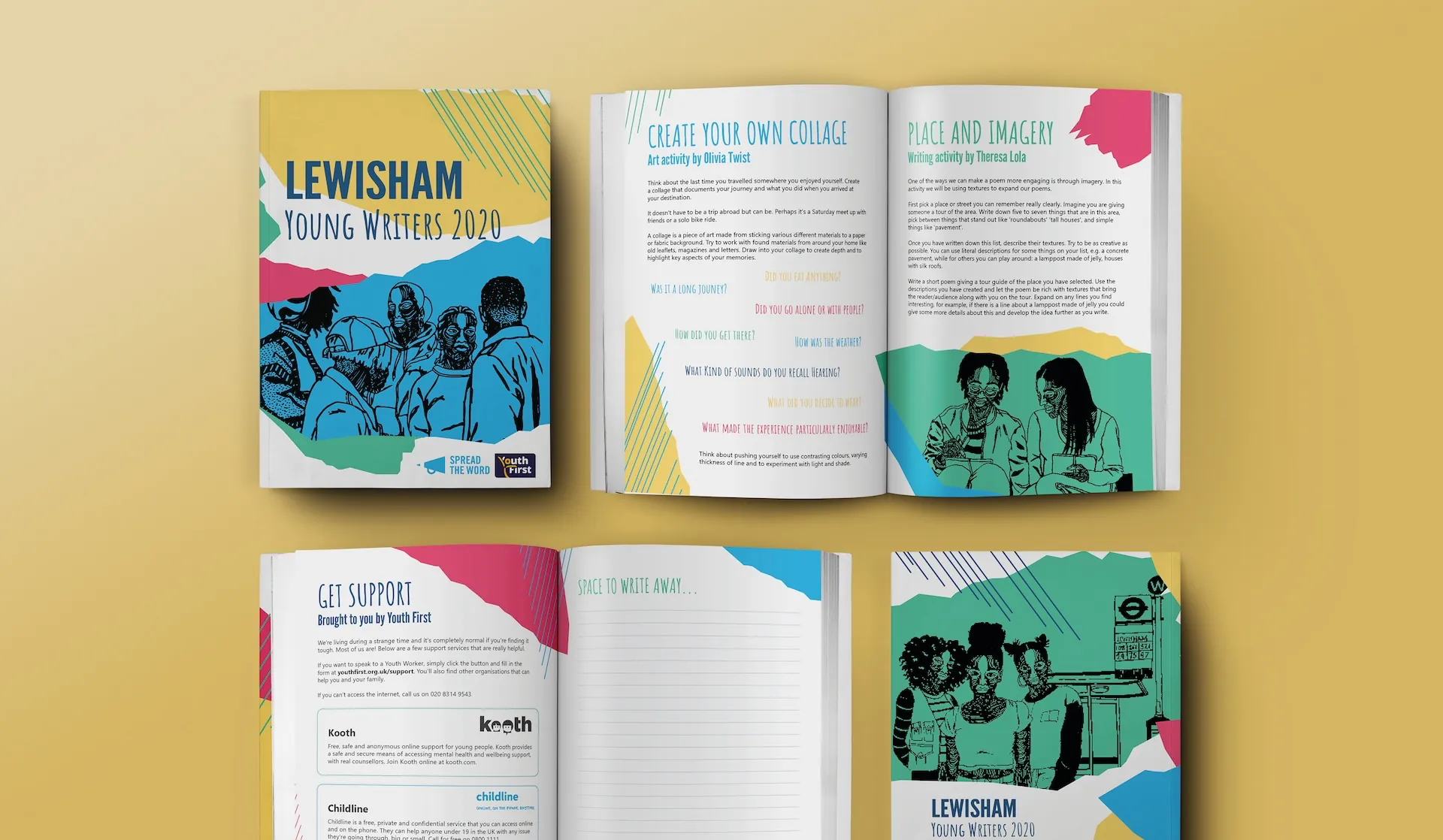 Lewisham Young Writers A5 booklet. Front cover, back cover and two open spreads